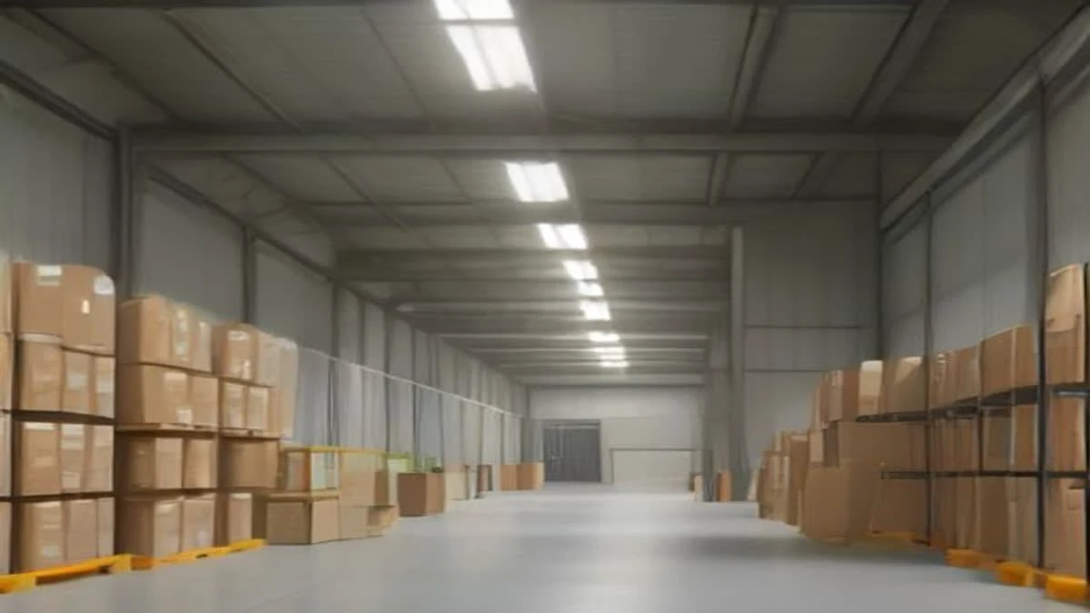 Bright warehouse aisle stacked with shrink-wrapped hardware boxes under clean studio-style light