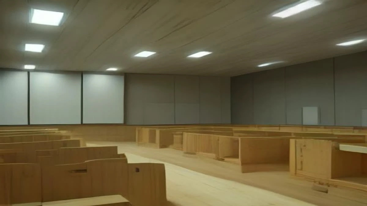 Photograph: wide establishing shot of a control room with monitors showing abstract dashboards, no readable text